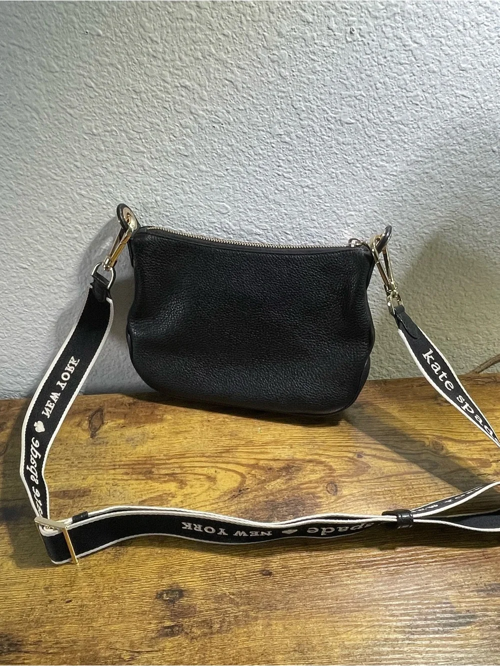 kate spade Rosie Crossbody Black Pebbled Leather w/ Branded Web Strap